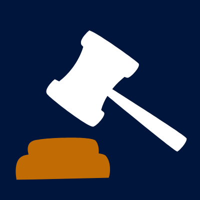Navy blue square contains a graphic of a white gavel over an orange piece of wood.