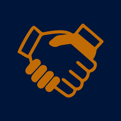 Navy blue square contains a graphic of two orange hands shaking.