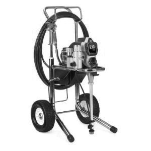 Photo of an airless paint sprayer. It is on two wheels and has a long cord. 