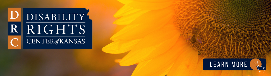 Background is a close up image of a sunflower and a blurred background. To the right is an image of the Disability Rights Center of Kansas' logo - it is a navy blue state of Kansas with white text reading "Disability Rights Center of Kansas." In the bottom right of the image is a dark blue rectangle with white text that reads "LEARN MORE" and a small graphic of a computer mouse.