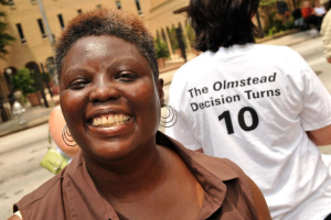 Photo of Lois Curtis in 2009 during a 10-year anniversary celebration of Olmstead v. L.C. via NYTimes