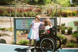 Stock photo of a mother using a power chair and her daughter look at sign together at a national park. 