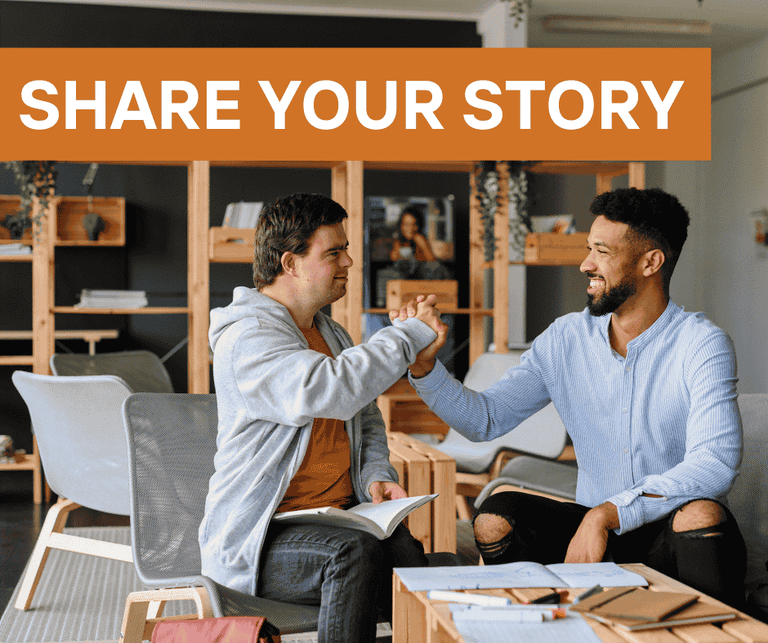 Text reads: Share Your Story. Image of two men in office setting high-fiving. 