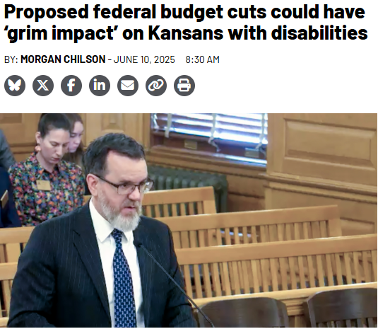 Screenshot of Kansas Reflector article with photo of DRC Executive Director Rocky Nichols. Headline reads: "Proposed federal budget cuts could have ‘grim impact’ on Kansans with disabilities"