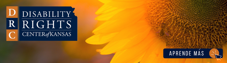 Background is a close up image of a sunflower and a blurred background. To the right is an image of the Disability Rights Center of Kansas' logo - it is a navy blue state of Kansas with white text reading "Disability Rights Center of Kansas." In the bottom right of the image is a dark blue rectangle with white text that reads "APRENDE MAS" and a small graphic of a computer mouse.