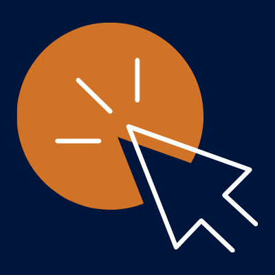 White outline of a computer mouse icon lays on top of an orange circle. Background is a navy blue square.