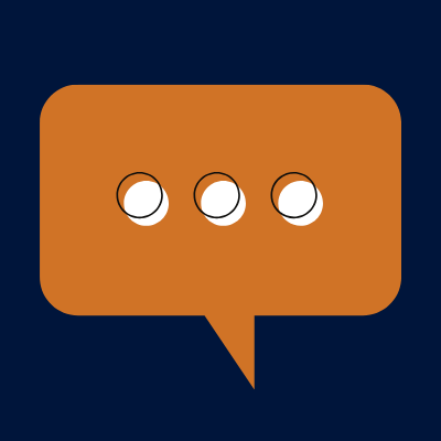 An orange chat bubble lays over a navy blue square background. Three white ellipses with black outlines are on the orange chat bubble. 