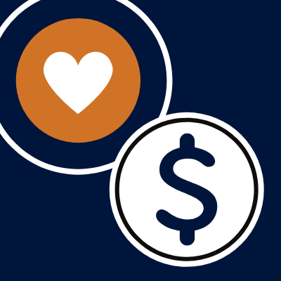 White heart inside an orange circle is to the upper left of a navy blue dollar sign inside of a white circle. Background is a navy blue square.
