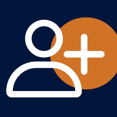 White, simple outline of a person's head and shoulders with a white plus sign to the right on top of an orange circle. Background is a navy blue square.