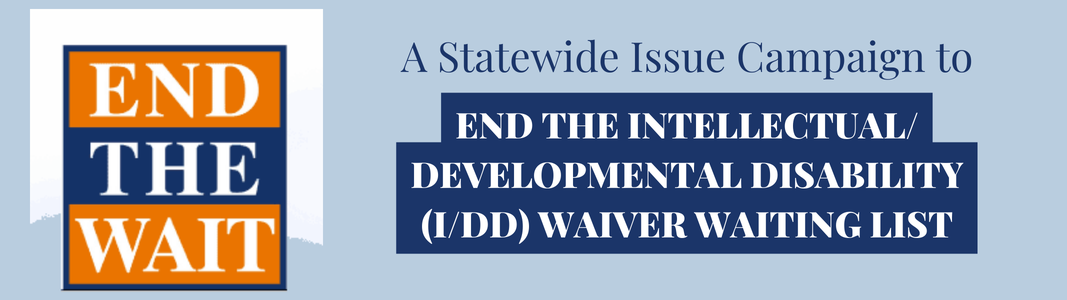 A light blue box with a orange and blue logo reading "End The Wait". Text in blue and orange to the right of the logo reading "A statewide issue campaign to end the Intellectual/Developmental Disability (I/DD) Waiting Lists. 