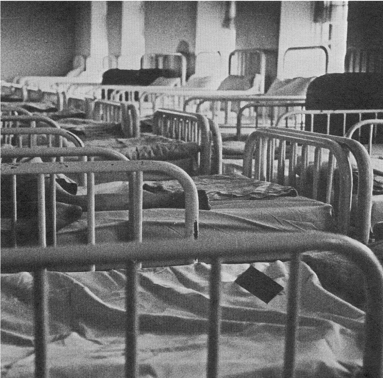 Black and white image of around 20 empty institution beds. They have metal bedframes and are dressed with sheets.