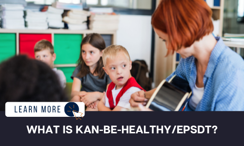 Image of  a classroom with four children. To the right is a young White boy with Down Syndrome in a white shirt and red vest. He is looking at a woman playing guitar. She has short, red hair and a blue button up over a white shirt. Below the image is a navy blue rectangle with white text reading: "WHAT IS AN IEP?" Above the white text is a white graphic with navy blue text that reads "LEARN MORE" and an orange icon of a computer mouse inside of a navy blue circle.