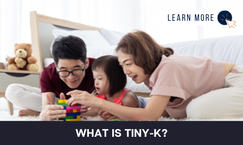 Image of a toddler with developmental disability and two adults. The pair are playing with the toddler and have toy blocks on the floor. Below the image is a black box with white text reading “WHAT IS TINY-K”.  In the top right hand corner is a white box with dark blue text reading “LEARN MORE” with and orange and blue cursor icon graphic to the right.