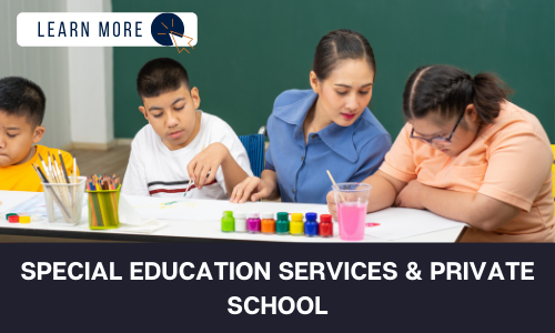 Image of a group of three students with developmental disabilities and an instructor. There are art supplies on the table and one of the students is painting while the instructor looks over her shoulder. Another student is painting and the third student is looking down and cut out of the image. Below the image is a black box with white text reading “SPECIAL EDUCATION SERVICES & PRIVATE SCHOOL”. In the top left hand corner is a white box with dark blue text reading “LEARN MORE” with and orange and blue cursor icon graphic to the right.