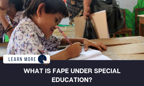 Image of an Asian, school-age boy writing on a notebook on a desk with a pencil. Below the image is a navy blue rectangle with white text reading: "WHAT IS FAPE UNDER SPECIAL EDUCATION?" Above the white text is a white graphic with navy blue text that reads "LEARN MORE" and an orange icon of a computer mouse inside of a navy blue circle.