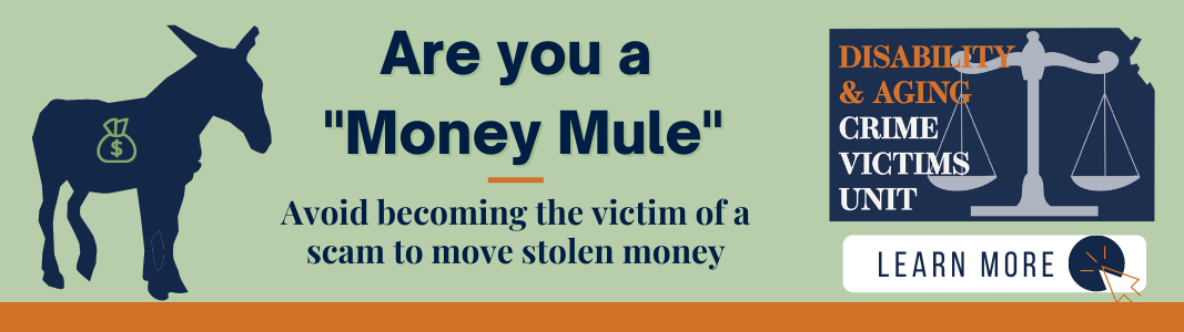 Green and orange header image reading "Are you a 'Money Mule' Avoid becoming the victim of a scam to move stolen money". A graphic of a navy blue mule with a money bag emblem. On the right side is the Disability & Aging Crime Victims Unit logo that has a graphic of the scales of justice. Beneath is a icon with a cursor emblem that reads "Learn More".